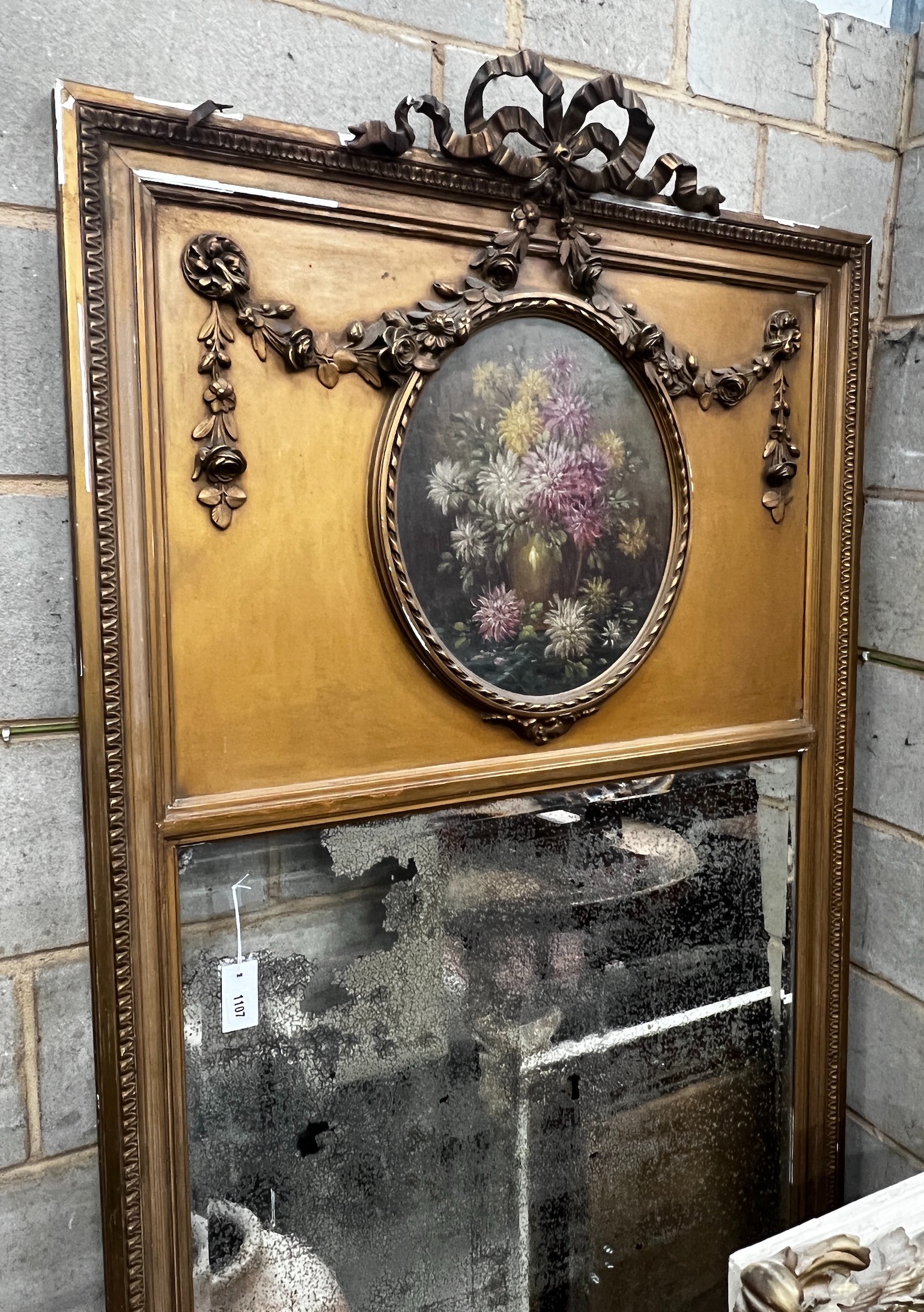 A large French painted, gilt wood and gesso Trumeau mirror, width 99cm height 208cm